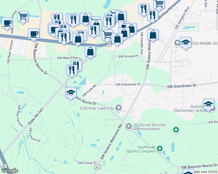 map of restaurants, bars, coffee shops, grocery stores, and more near 1811 Southwest Grandview Street in Lake City
