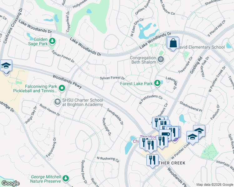 map of restaurants, bars, coffee shops, grocery stores, and more near 47 Whistlers Walk Place in Spring