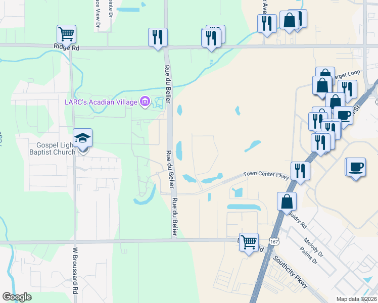 map of restaurants, bars, coffee shops, grocery stores, and more near 300 Blk Town Center Parkway in Duson