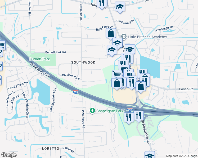 map of restaurants, bars, coffee shops, grocery stores, and more near 3917 Windridge Court in Jacksonville
