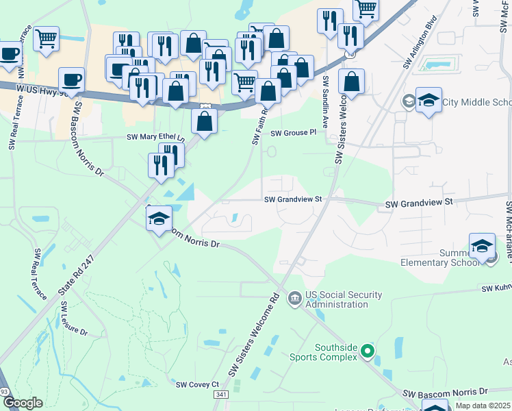 map of restaurants, bars, coffee shops, grocery stores, and more near 1811 Southwest Grandview Street in Lake City