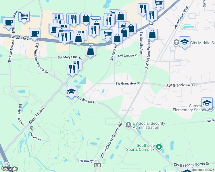 map of restaurants, bars, coffee shops, grocery stores, and more near 1811 Southwest Grandview Street in Lake City
