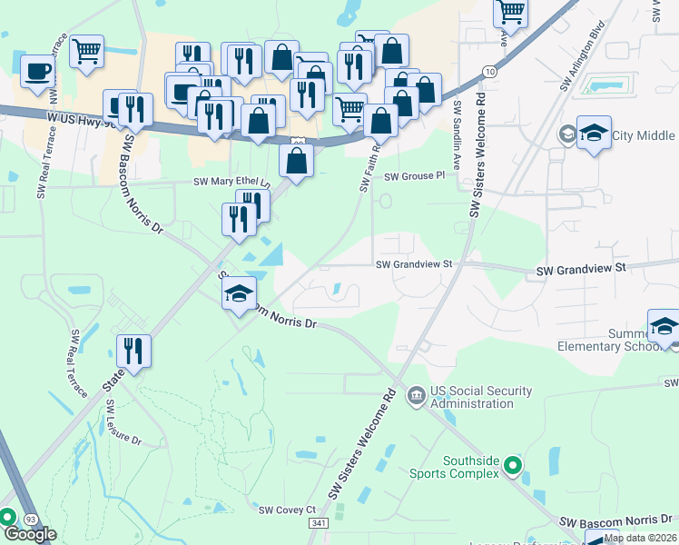 map of restaurants, bars, coffee shops, grocery stores, and more near 3114-3124 SW Grandview St in Lake City