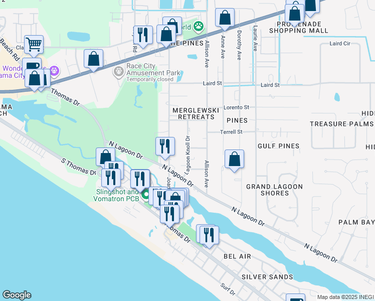 map of restaurants, bars, coffee shops, grocery stores, and more near 9032 Banyan Beach Drive in Panama City Beach