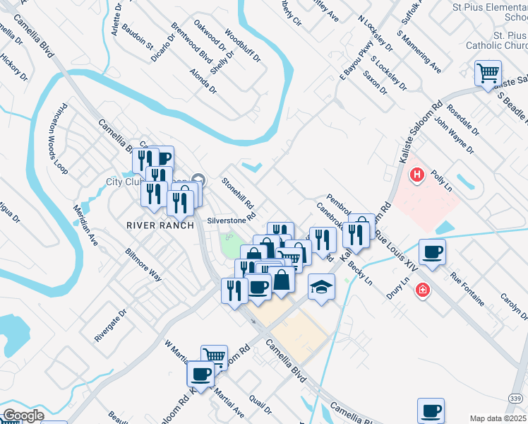 map of restaurants, bars, coffee shops, grocery stores, and more near 204 Stonehill Road in Lafayette