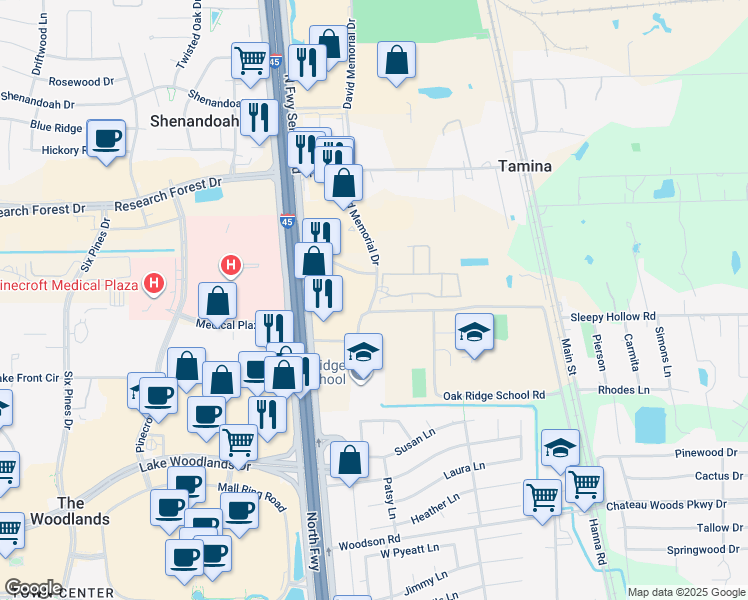 map of restaurants, bars, coffee shops, grocery stores, and more near 19441 Interstate 45 in Shenandoah