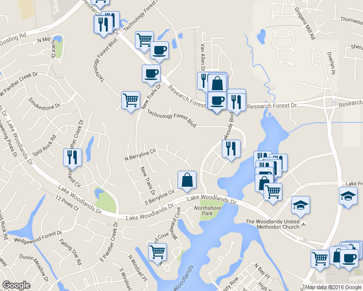 map of restaurants, bars, coffee shops, grocery stores, and more near 14 Gentry Oak Court in Spring