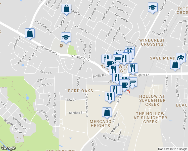 map of restaurants, bars, coffee shops, grocery stores, and more near 2405 Allred Drive in Austin