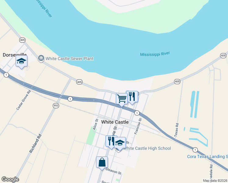 map of restaurants, bars, coffee shops, grocery stores, and more near 32055 Louisiana 405 in White Castle