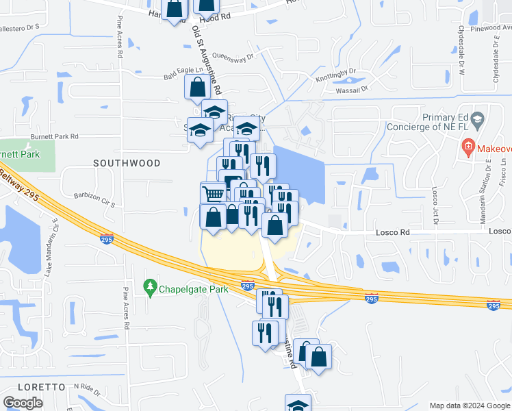 map of restaurants, bars, coffee shops, grocery stores, and more near 1 Losco Road in Jacksonville