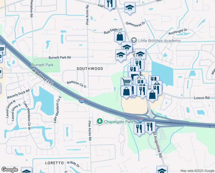 map of restaurants, bars, coffee shops, grocery stores, and more near 3917 Windridge Court in Jacksonville