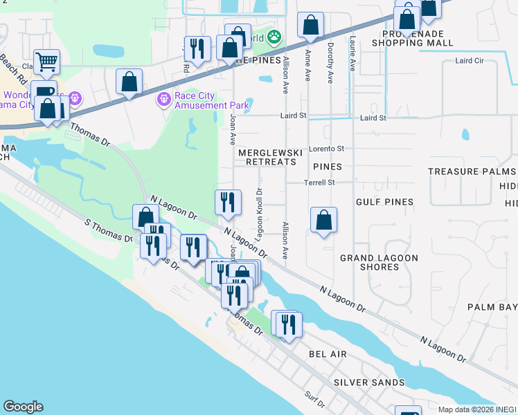 map of restaurants, bars, coffee shops, grocery stores, and more near 9032 Banyan Beach Drive in Panama City Beach