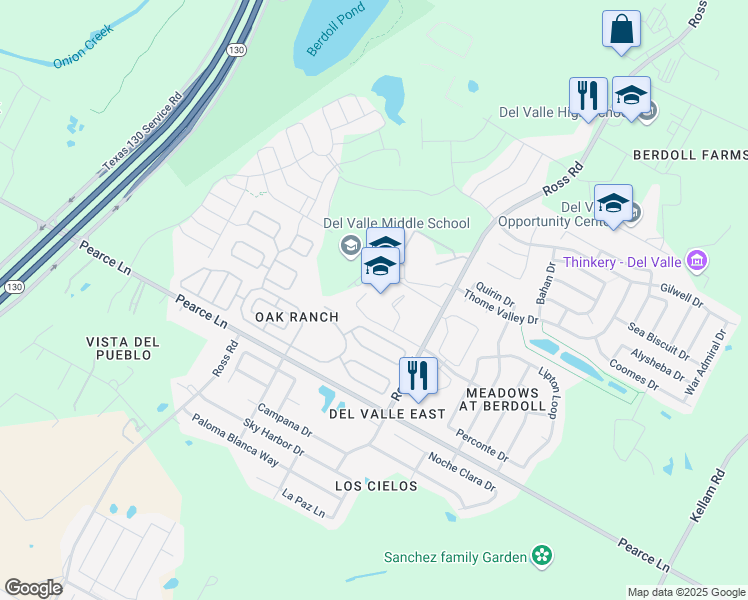map of restaurants, bars, coffee shops, grocery stores, and more near 5500 Ross Road in Del Valle