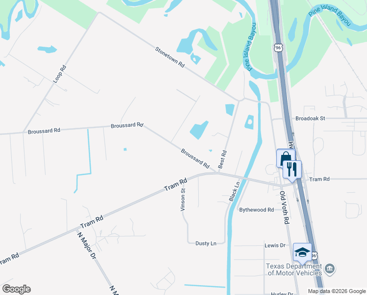 map of restaurants, bars, coffee shops, grocery stores, and more near 7580 Broussard Road in Beaumont