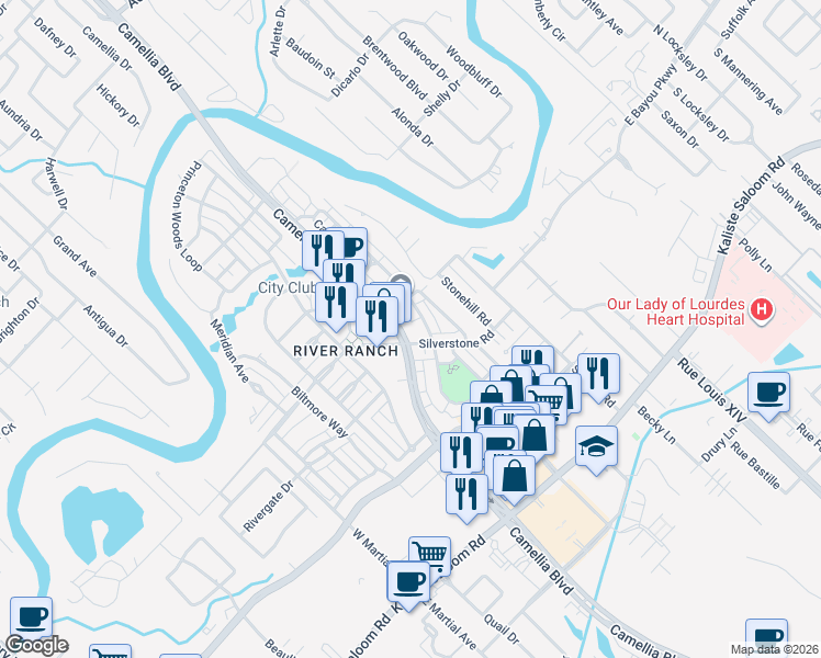 map of restaurants, bars, coffee shops, grocery stores, and more near 1121 Camellia Boulevard in Lafayette