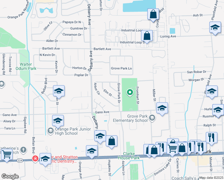 map of restaurants, bars, coffee shops, grocery stores, and more near 1139 Willow Lane in Orange Park