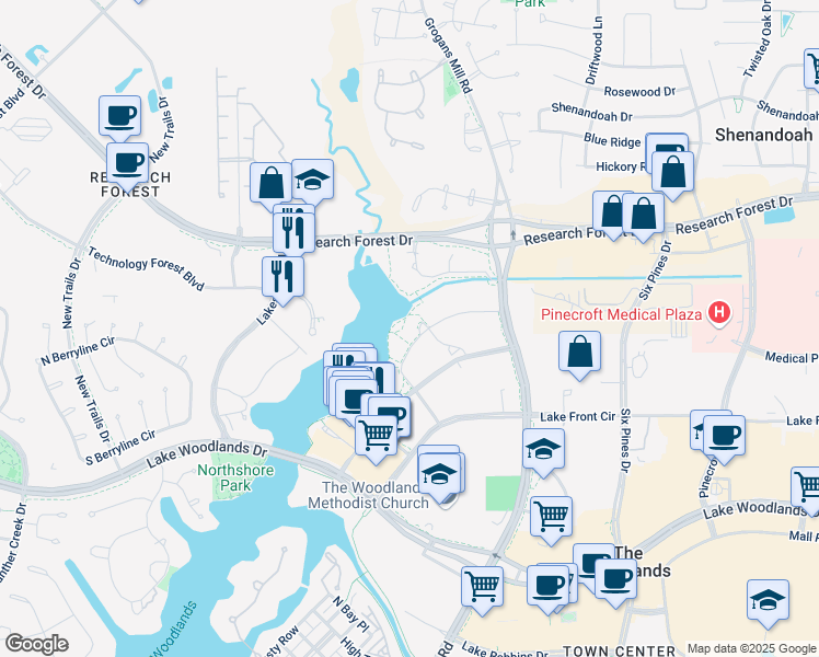 map of restaurants, bars, coffee shops, grocery stores, and more near 1780 Hughes Landing Boulevard in The Woodlands