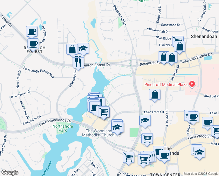 map of restaurants, bars, coffee shops, grocery stores, and more near 1780 Hughes Landing Boulevard in The Woodlands