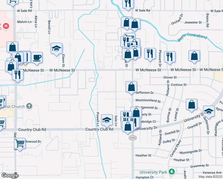 map of restaurants, bars, coffee shops, grocery stores, and more near 4532 Sale Lane in Lake Charles