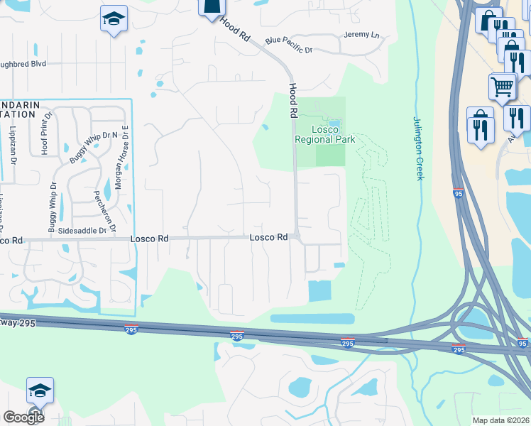 map of restaurants, bars, coffee shops, grocery stores, and more near 11073 Ashford Gable Place in Jacksonville