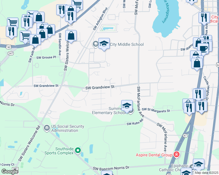 map of restaurants, bars, coffee shops, grocery stores, and more near Southwest Sugarmill Way in Lake City