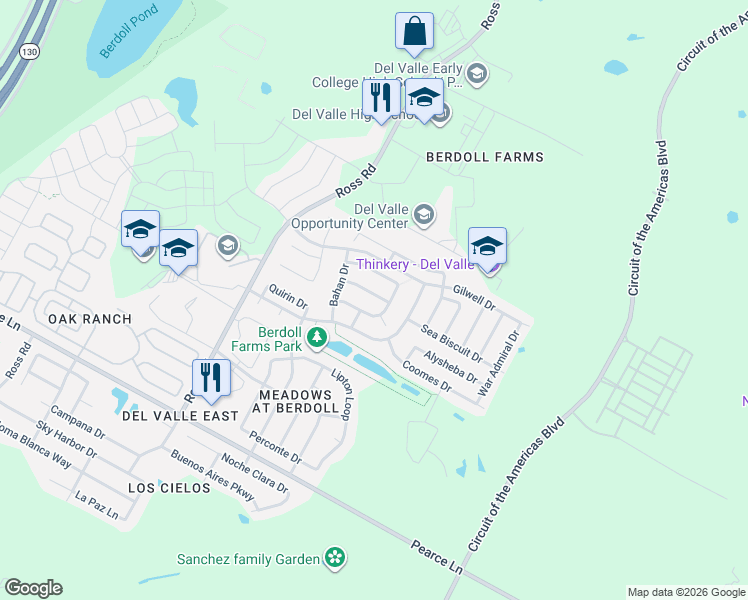 map of restaurants, bars, coffee shops, grocery stores, and more near 13013 Lofton Cliff Drive in Del Valle