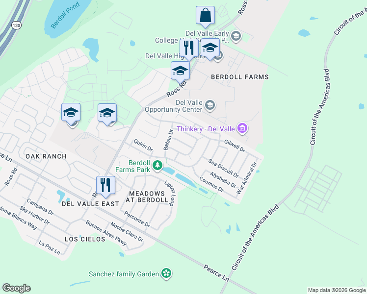 map of restaurants, bars, coffee shops, grocery stores, and more near 13013 Lofton Cliff Drive in Del Valle