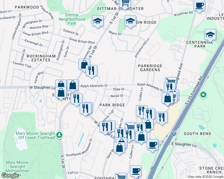 map of restaurants, bars, coffee shops, grocery stores, and more near 512 Shep Street in Austin