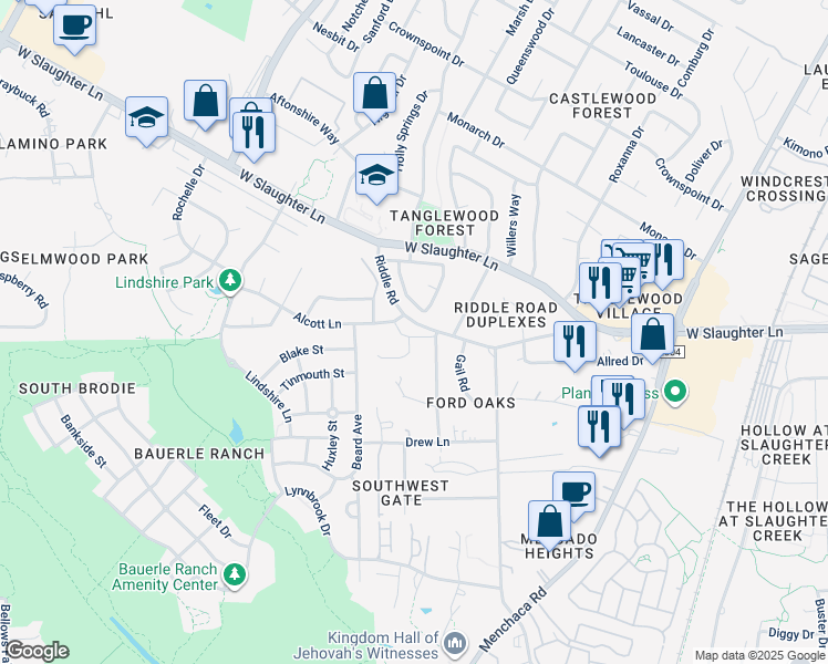 map of restaurants, bars, coffee shops, grocery stores, and more near 2603 Alcott Lane in Austin