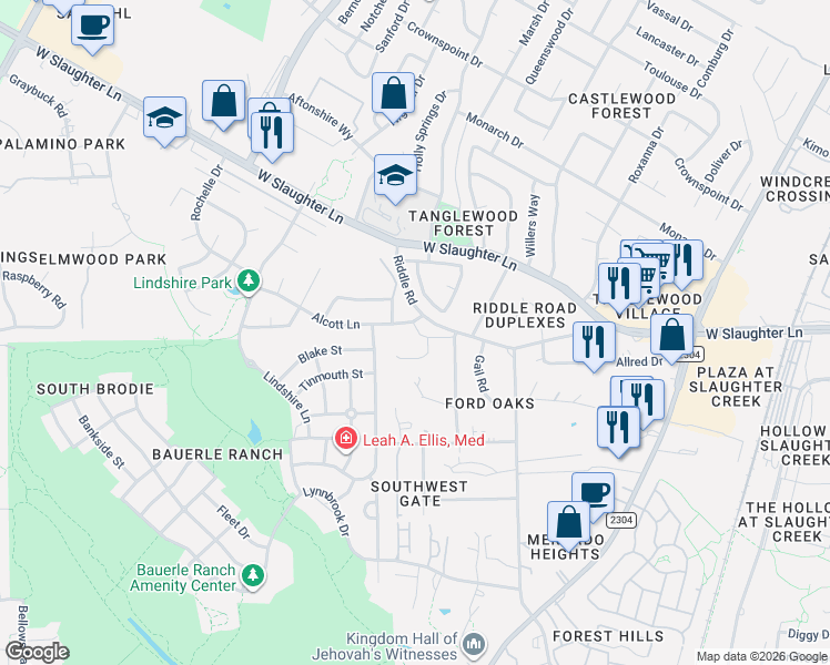 map of restaurants, bars, coffee shops, grocery stores, and more near 2603 Alcott Lane in Austin