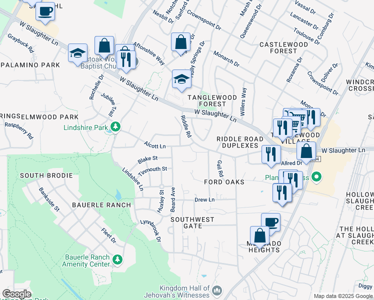map of restaurants, bars, coffee shops, grocery stores, and more near 2603 Alcott Lane in Austin