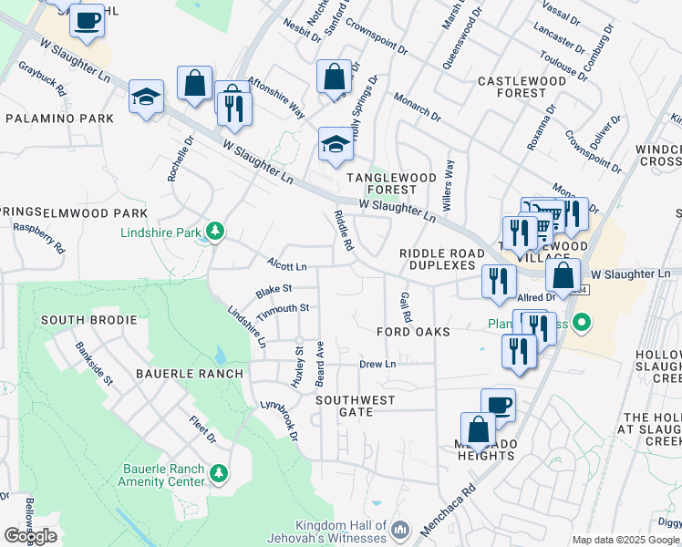 map of restaurants, bars, coffee shops, grocery stores, and more near 2603 Alcott Lane in Austin