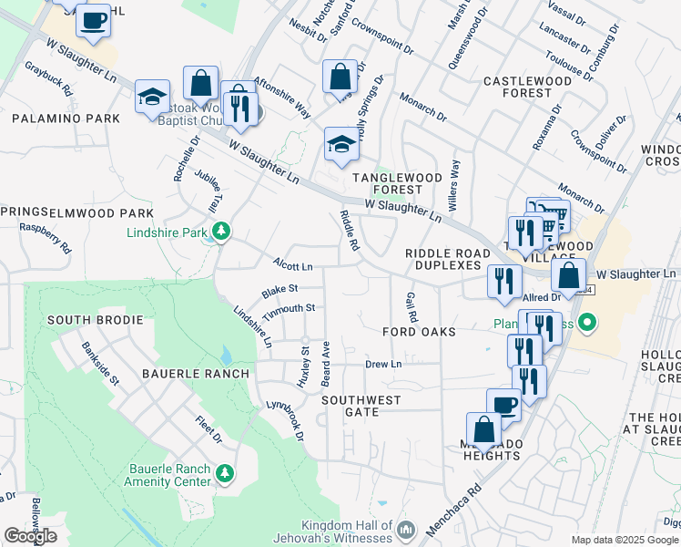 map of restaurants, bars, coffee shops, grocery stores, and more near 2612 Alcott Lane in Austin