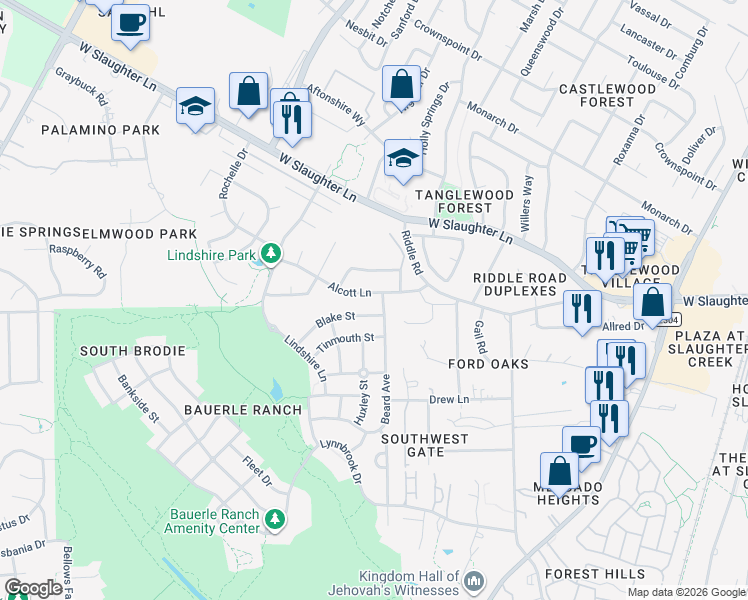 map of restaurants, bars, coffee shops, grocery stores, and more near 2612 Alcott Lane in Austin