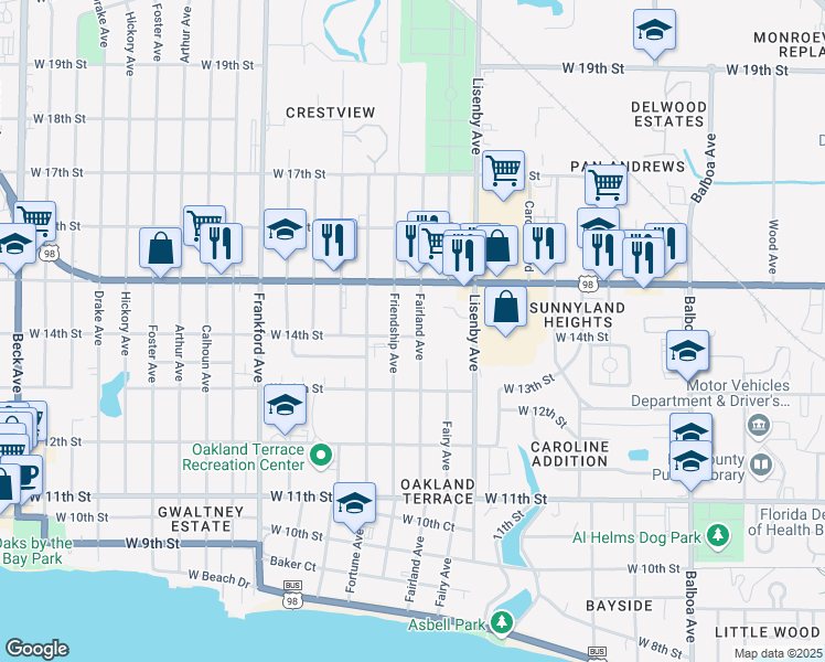 map of restaurants, bars, coffee shops, grocery stores, and more near 1411 Fairland Avenue in Panama City