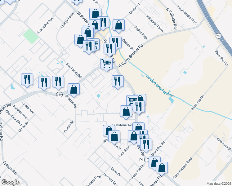 map of restaurants, bars, coffee shops, grocery stores, and more near 2903 West Pinhook Road in Lafayette