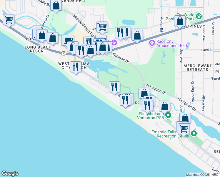 map of restaurants, bars, coffee shops, grocery stores, and more near South Thomas Drive in Panama City