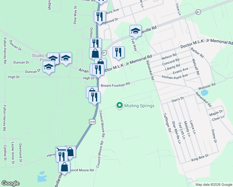 map of restaurants, bars, coffee shops, grocery stores, and more near 47 Bream Fountain Road in Crawfordville