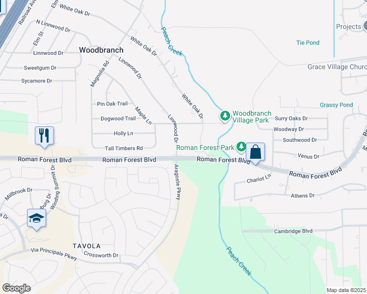 map of restaurants, bars, coffee shops, grocery stores, and more near 123 White Oak Drive in New Caney