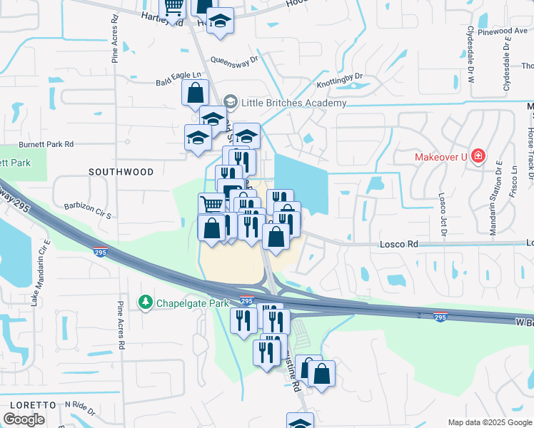 map of restaurants, bars, coffee shops, grocery stores, and more near 1 Losco Road in Jacksonville