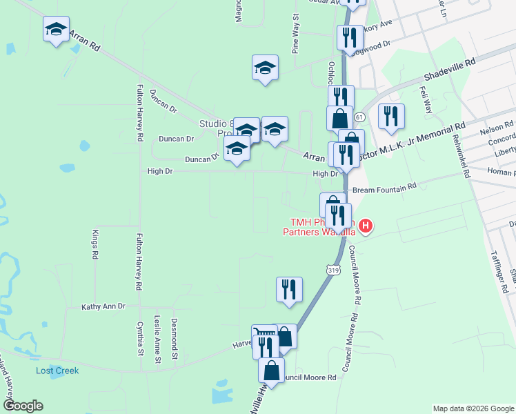 map of restaurants, bars, coffee shops, grocery stores, and more near 59 Daniel Lane in Crawfordville