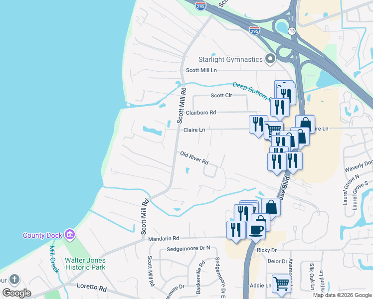 map of restaurants, bars, coffee shops, grocery stores, and more near 2721 Old River Road in Jacksonville