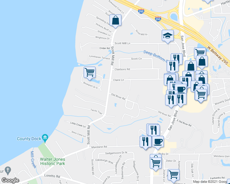 map of restaurants, bars, coffee shops, grocery stores, and more near 2721 Old River Road in Jacksonville