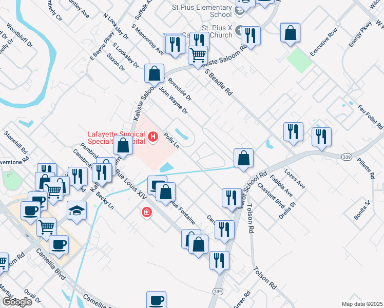 map of restaurants, bars, coffee shops, grocery stores, and more near 210 Polly Lane in Lafayette