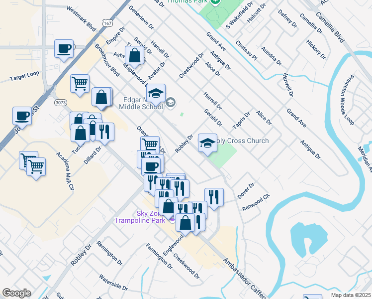 map of restaurants, bars, coffee shops, grocery stores, and more near 502 Broadmoor Boulevard in Lafayette