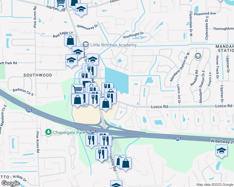 map of restaurants, bars, coffee shops, grocery stores, and more near 4263 Losco Road in Jacksonville
