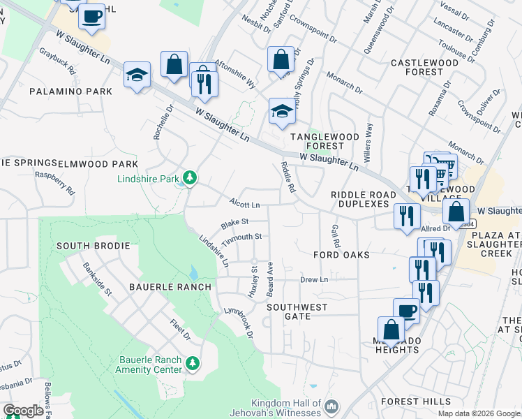 map of restaurants, bars, coffee shops, grocery stores, and more near 2612 Alcott Lane in Austin
