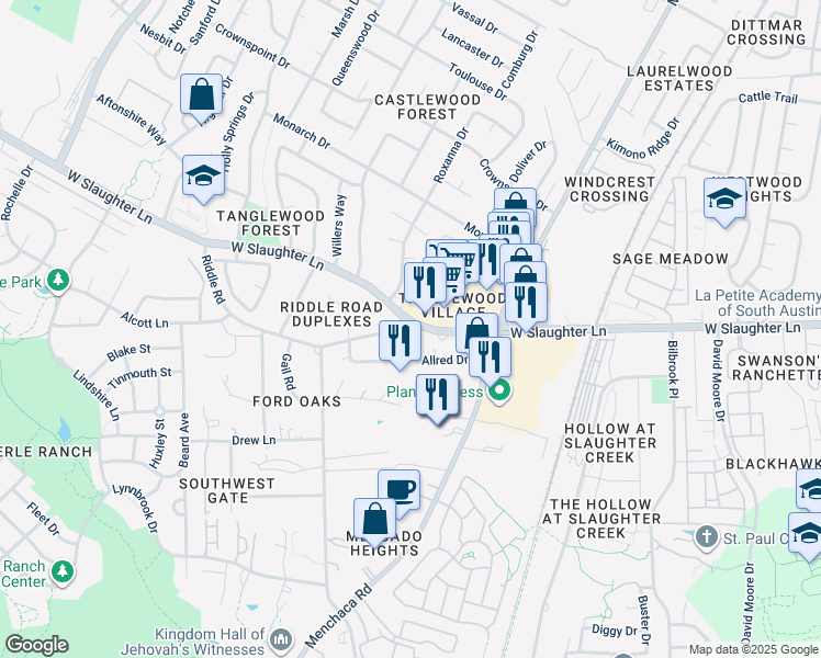 map of restaurants, bars, coffee shops, grocery stores, and more near 1201 Riddle Road in Austin