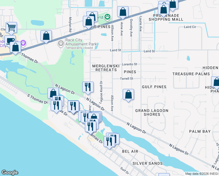 map of restaurants, bars, coffee shops, grocery stores, and more near 9000 Banyan Beach Drive in Panama City