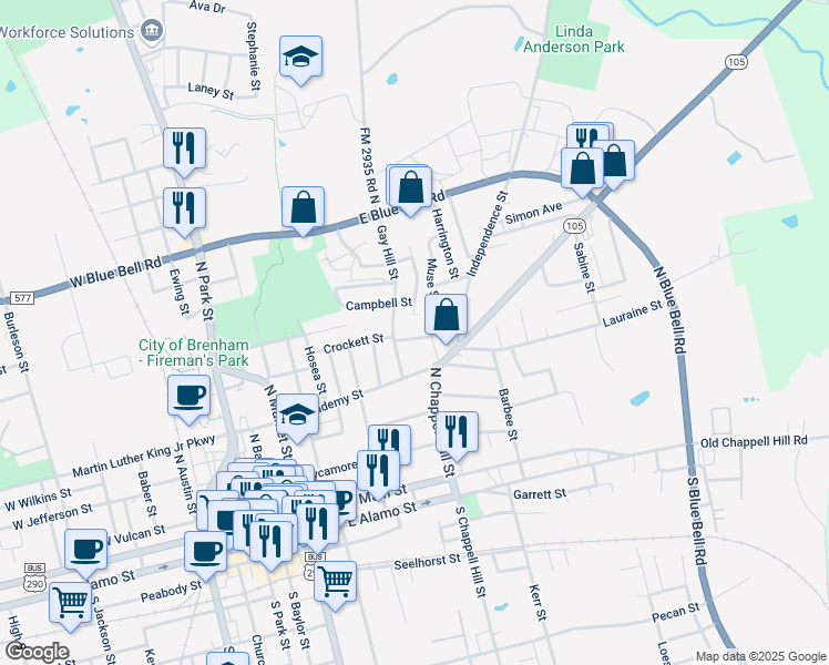 map of restaurants, bars, coffee shops, grocery stores, and more near 805 Crockett Street in Brenham